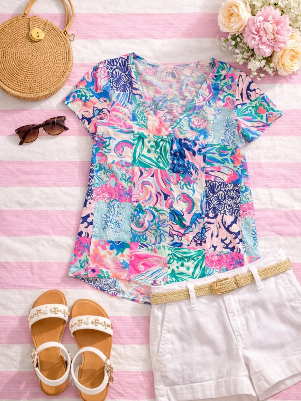 Lilly Pulitzer Patchwork Print Top Size XS Colorful Summer tee shirt